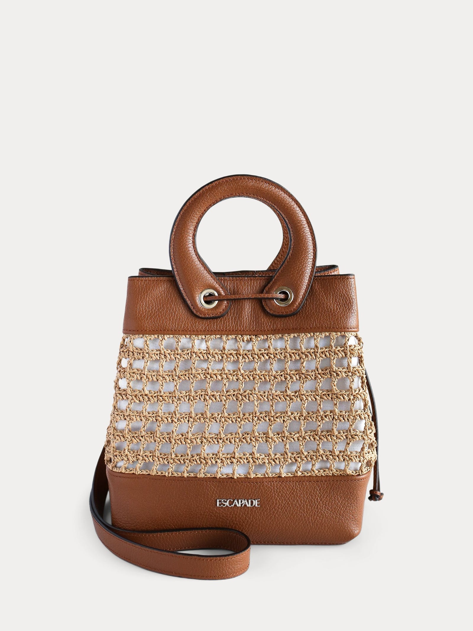 brown leather paper straw bucket bag