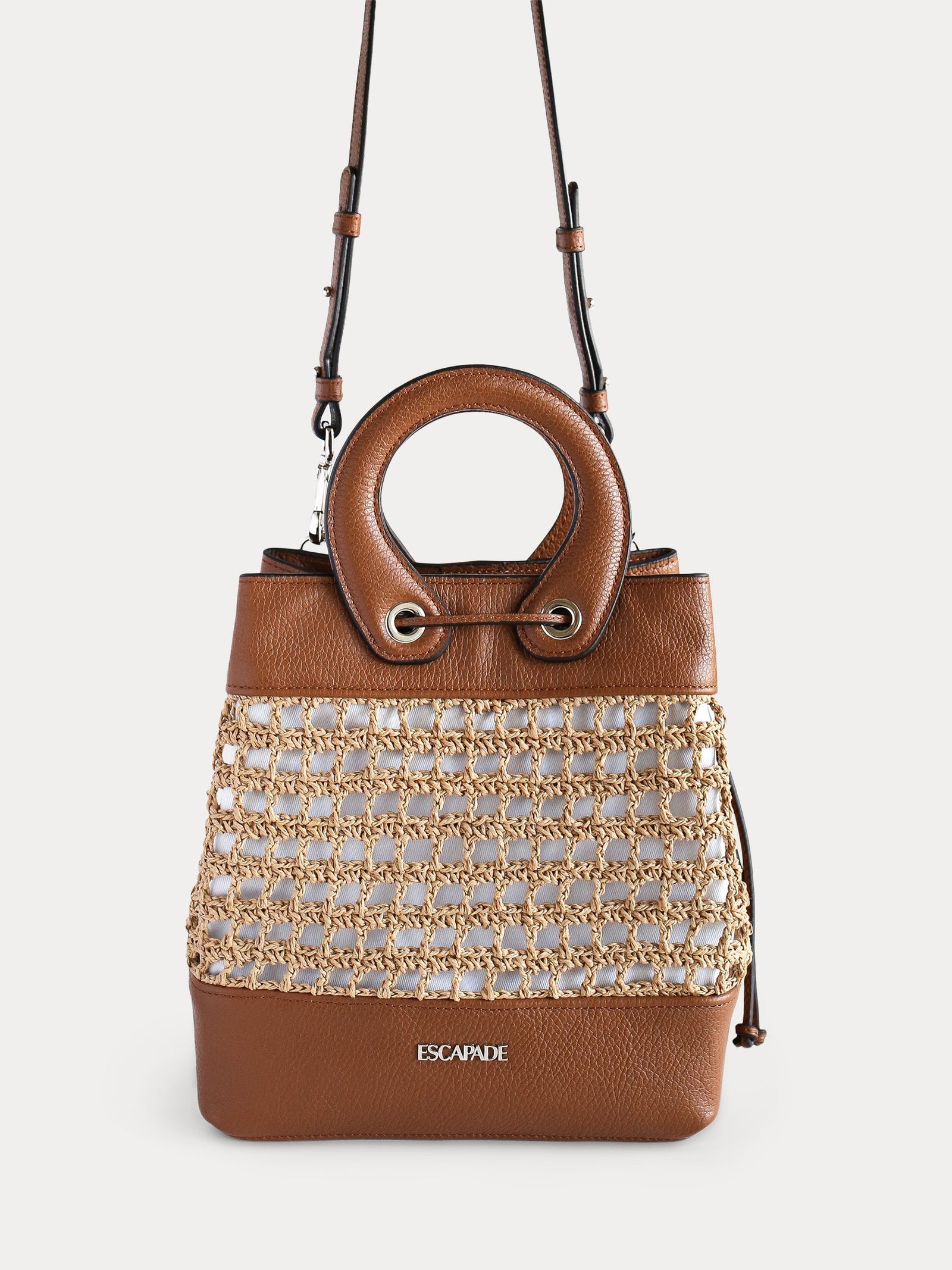 brown leather bucket bag