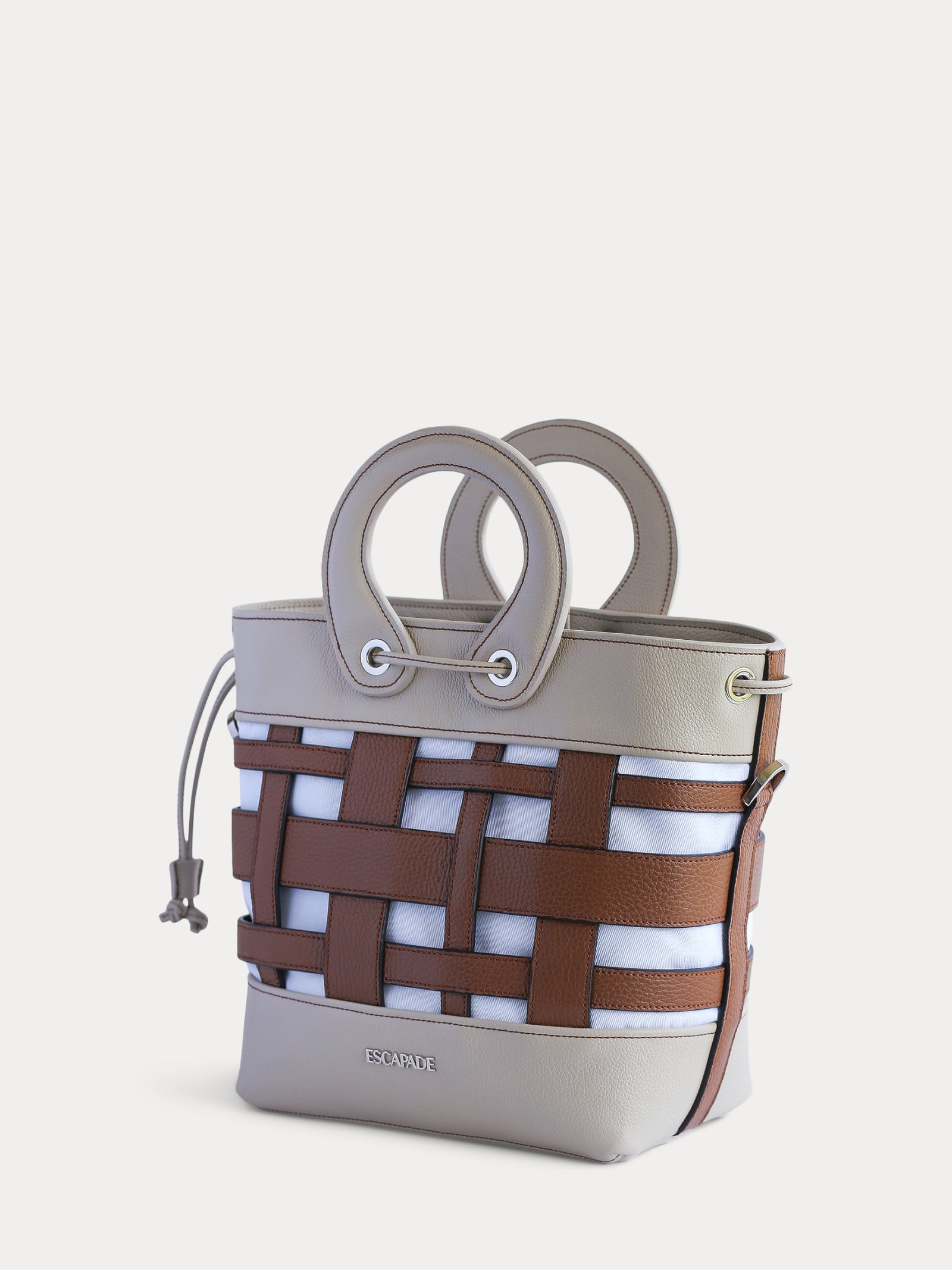 Convertible-bucket-bag-brown-and-white
