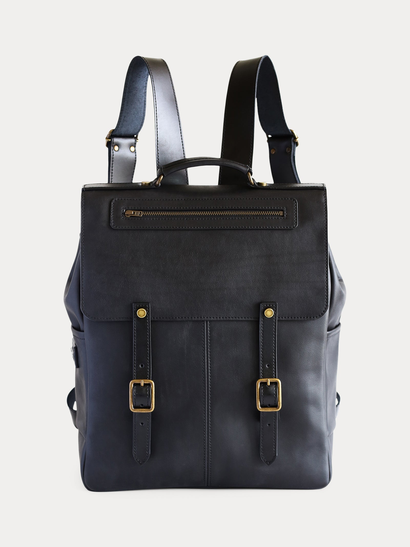 front black full grain leather backpack