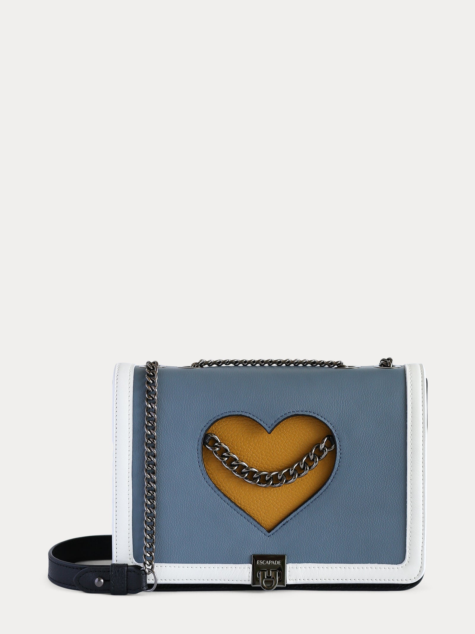 sustainable leather bag for women with blue flap and yellow mustard pocket
